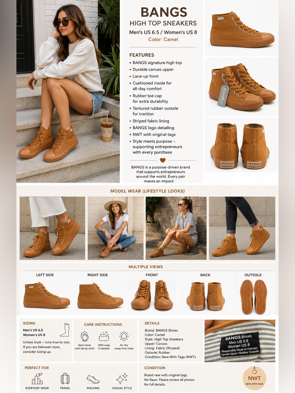 BANGS Shoes High Top Sneakers Camel Canvas Lace Up NWT Women's US 8 Men's US 6.5